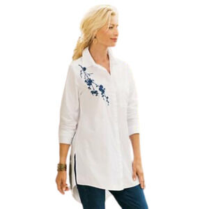 SOFT SURROUNDINGS Alexandria Tunic White Navy Floral Embroidery Women's XS